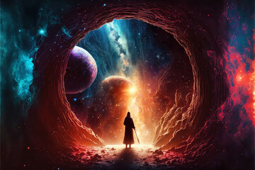 Man standing in a space portal to another world. AI generatd Image