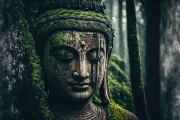 Fototapeten ancient buddha statue in the green forest, photo-realistic illustration of a buddha sculpture, wallpaper, generative AI © Be Doa