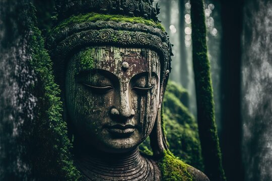 ancient buddha statue in the green forest, photo-realistic illustration of a buddha sculpture, wallpaper, generative AI