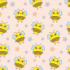Сhildish pattern with cute kawaii little bee and stars, kids print. Cartoon seamless background, cute vector texture for kids bedding, fabric, wallpaper, wrapping paper, textile, t-shirt print