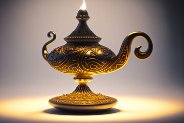 Fototapeta na wymiar Fantasy Magical Lamp isolated on background, Traditional golden look oil lamp. Magic spell lamp. generative ai
