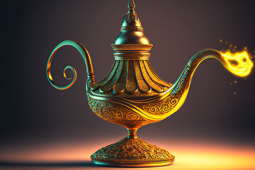 Fototapeta na wymiar Fantasy Magical Lamp isolated on background, Traditional golden look oil lamp. Magic spell lamp. generative ai