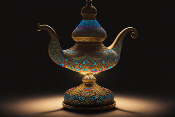 Fantasy Magical Lamp isolated on background, Traditional golden look oil lamp. Magic spell lamp. generative ai