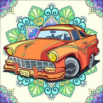 Illustration of aretro car with mandala 