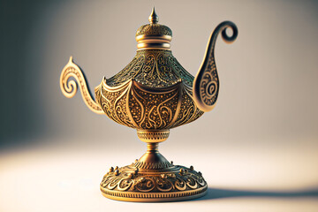 Fantasy Magical Lamp isolated on background, Traditional golden look oil lamp. Magic spell lamp. generative ai