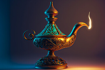 Fototapeta na wymiar Fantasy Magical Lamp isolated on background, Traditional golden look oil lamp. Magic spell lamp. generative ai