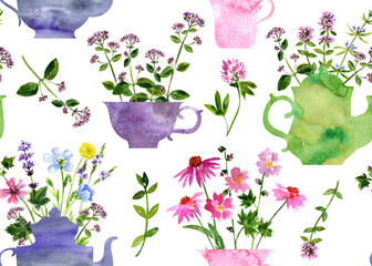 Naklejka premium watercolor drawing semless pattern with teapots and cups with flowers, herbal tea background, hand drawn illustration