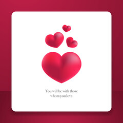 Red white happy valentine greeting card background with square size for social media post. Hearth shape background. Vector illustration