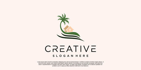 Palm trees emblems combination palm tree and beach logo Premium Vector