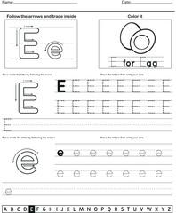 	
Alphabet tracing worksheet with letter and vocabulary E