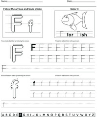 	
Alphabet tracing worksheet with letter and vocabulary F