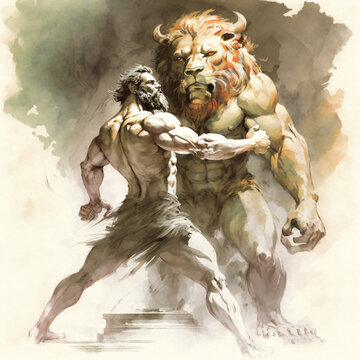 Watercolor painting of Hercules fighting the Nemean Lion Generative Ai
