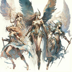valkyries in the sky watercolor painting Generative Ai