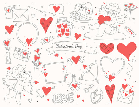 Valentine day in line art set.Contemporary designs of hearts, poisons, keys and lockers. Cupid arrows and bow