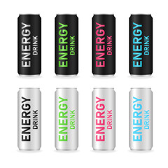 Energy Drink Can Set. Vector Illustration Isolated on White Background.