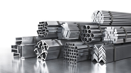Stack of rolled metal isolated on a metal background. 3d illustration