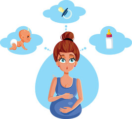 Pregnant Woman Thinking about Motherhood Vector Cartoon Illustration. Stressed new mom feeling anxious about raising her baby
