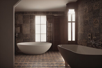 Fototapeta na wymiar Luxury Spanish Style Modern Interior Showcase Primary Bathroom with White Soaking Tub 