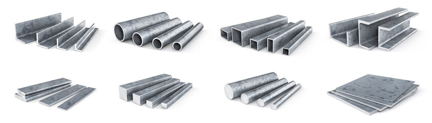 Set of rolled metal isolated on a white background. 3d illustration - obrazy, fototapety, plakaty
