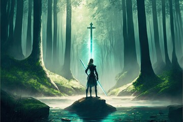 woman with her sword looking at the mysterious floating stones in the forest, digital art style, illustration painting, fantasy concept of a woman with sword