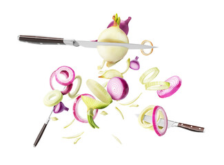 Knives are cutting onions into slices isolated on white background