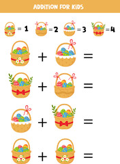 Addition game with different Easter baskets. Educational math game for preschool kids.