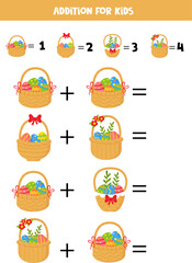 Addition game with different Easter baskets. Educational math game for preschool kids.