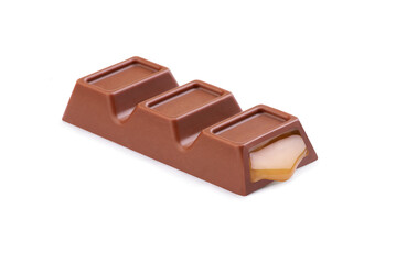 chocolate bar with leaking caramel on white background