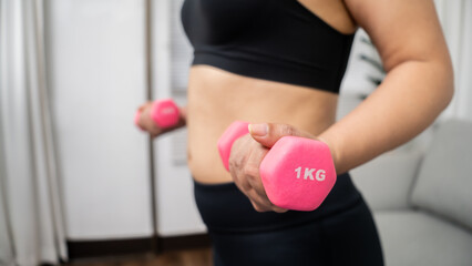 Determined Young Asian healthy woman losing weight training in living room at home and exercising...