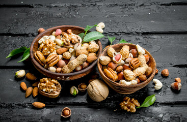 Assortment of different types of nuts in bowls.