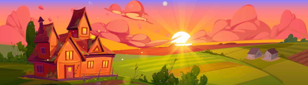 Morning summer countryside with house, farm buildings, green field under sky with pink clouds. Vector cartoon illustration of rural sunrise landscape, sunset farmland with flowering bushes