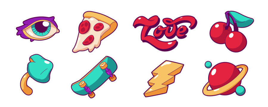 Retro groovy stickers with planet, lightning, mushroom and skateboard. Psychedelic rave icons with love symbol, cherry, pizza and eye, vector set in contemporary style