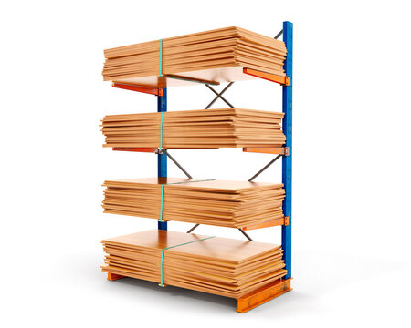 Piles of plywood sheets are laid on a warehouse rack, isolated on white background, 3d illustration