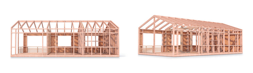 Frame of a modular barn house isolated on a white background. 3d illustration