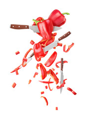 Knives are cutting red pepper into pieces isolated on white background