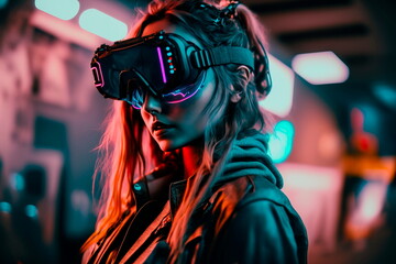 Fototapeta na wymiar Woman use VR virtual reality, Metaverse Technology concept. Generative AI