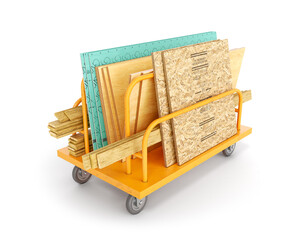Different types of building materials, including plywood plates, osb and drywall sheets, wooden planks, are stacked on an orange trolley for long loads, isolated on white background, 3d illustration