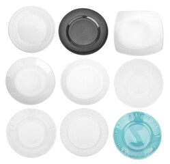 Collection empty plate isolated on transparen png. View from above