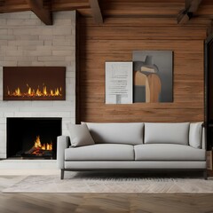  a photo of A cozy couch nestled in front of a fireplace, Generative AI