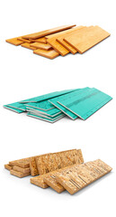 Set of stacks of different building materials samples, pieces of plywood panels, drywall and osb sheets, isolated on white background, 3d illustration