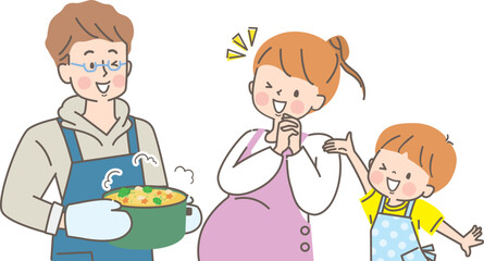 妊娠中のママに料理をする親子のイラスト © とーふねこ
