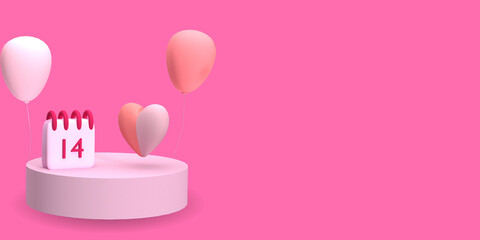 Happy Valentine's Day background. Realistic 3d stage podium, round studio, festive decorative objects, heart shaped balloons, falling gift boxes, february calendar. Holiday Banner, Poster. social medi