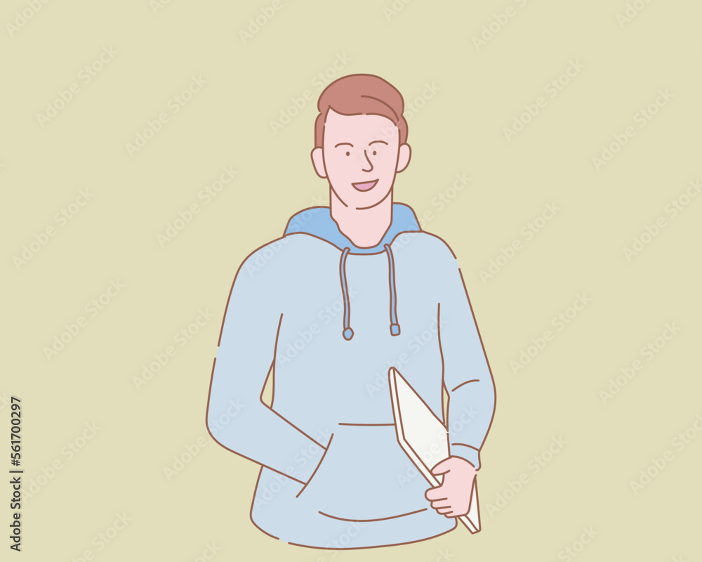 Poster young entrepreneur programmer with casual clothes and laptop with outline or line and clean simple p