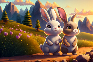 Cute couple rabbits cartoon with landscape background