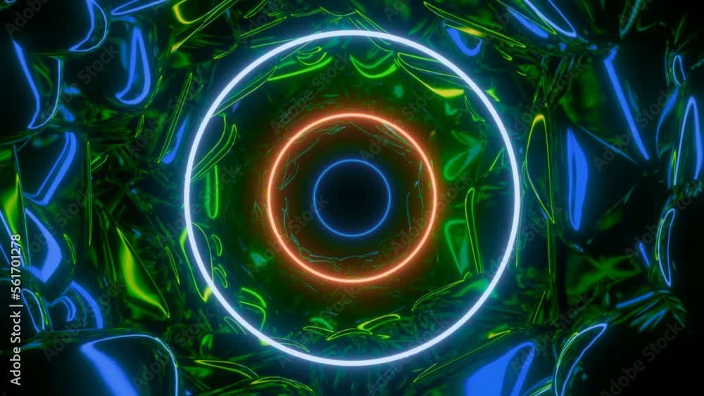 Poster glowing rings move with reflection in tunnel. design. bright glowing circles move in tunnel with gli