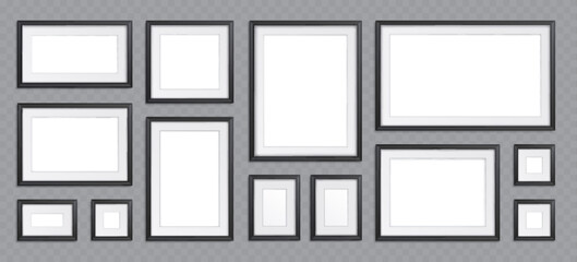 Composition of blank frames for pictures and photo. Art gallery wall collage of empty square and rectangle frames with black border, vector realistic illustration isolated on transparent background