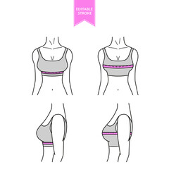 Measurement of women bra. Lingerie  fitting with tape measure. Front and side view. Icons for clothes store. Vector illustration. Editable stroke. 