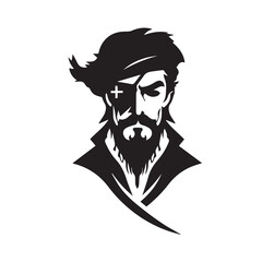 Pirate head minimal modern icon. Simple black and white vector illustration of angry captain. Ship commandant. Logo design for bar or alcohol. Rum business identity. Mascot for adventure or sport team