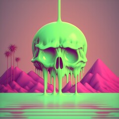 melted ooze, skull art, green, chartreuse, yellow, aesthetic mountains, pink, vaporwave, generative ai