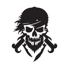 Pirate head minimal modern icon. Simple black and white vector illustration of angry captain. Ship commandant. Logo design for bar or alcohol. Rum business identity. Mascot for adventure or sport team